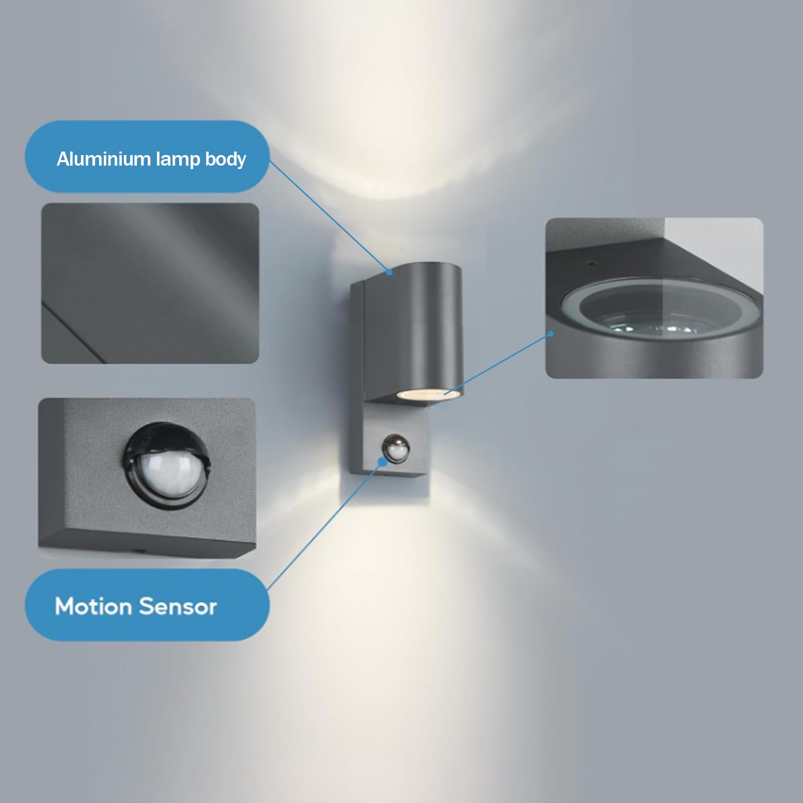 Applique da Parete per Esterni GU10 con sensore di Movimento, Illuminazione da Parete IP65 Impermeabile, in Alluminio Nero, Geometrica, per Veranda, terrazza, Garage, Bagno