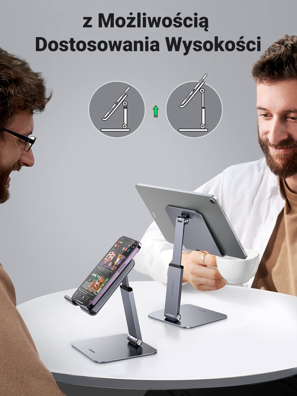 UGREEN Stojak na tablet aluminiowy z regulacją wysokości do 12,9" | Regulacja wysokości i kąta, aluminiowy, szeroka podstawa z silikonem