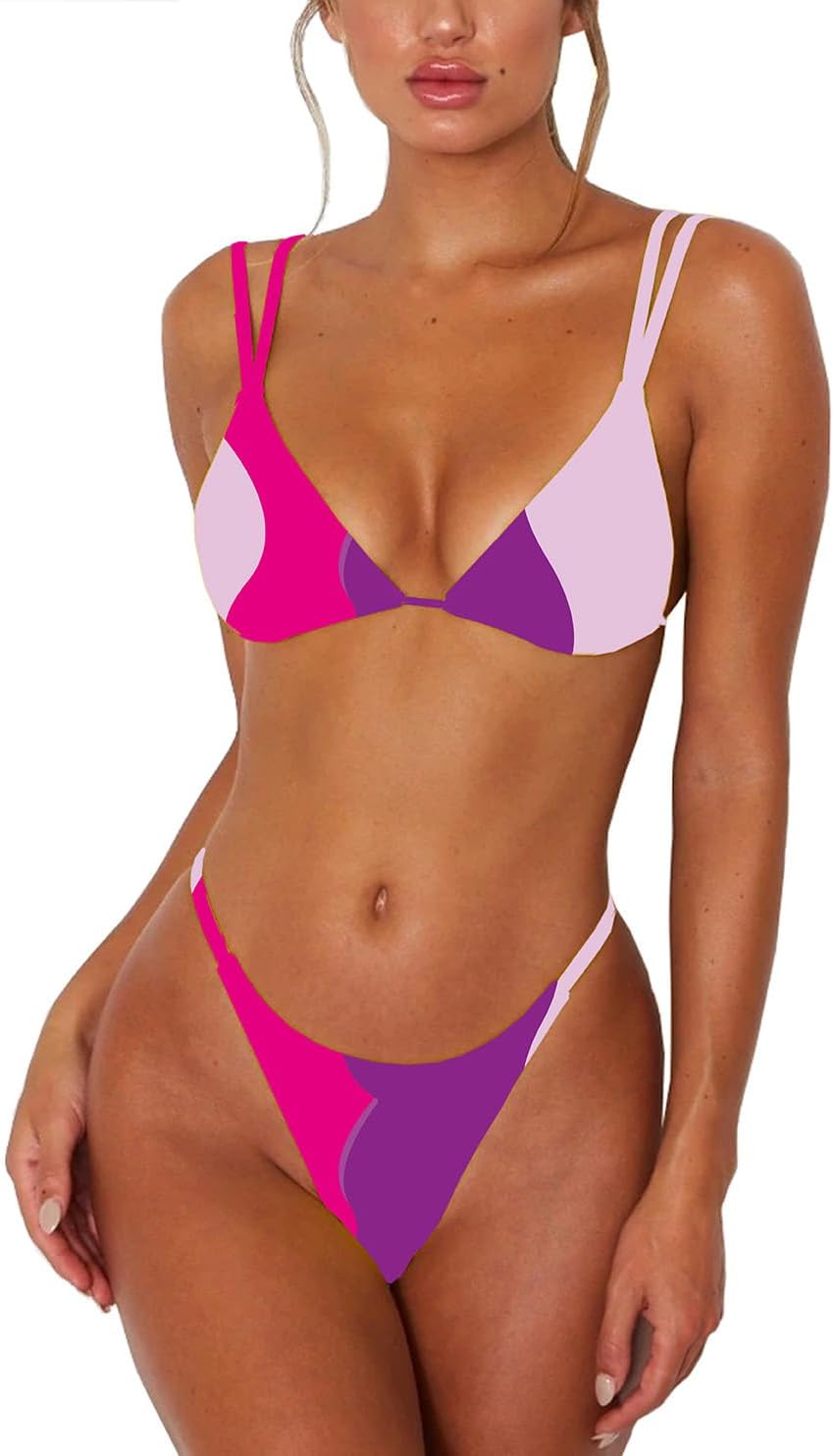 Women's Sexy Thong Bottom Two Piece Bikini Double Shoulder Straps Cute Swimsuit Triangle Bathing Suit