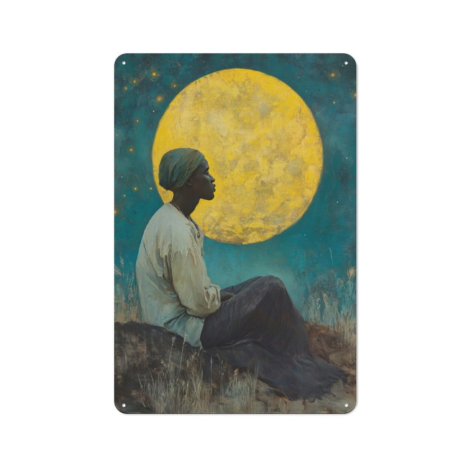 Junmoney Style-16 Woman Gazing At The Moon Vintage Metal Plaque 30X20cm For Hobby Room Or Studio, Suited To Hobby Room Decor Fans