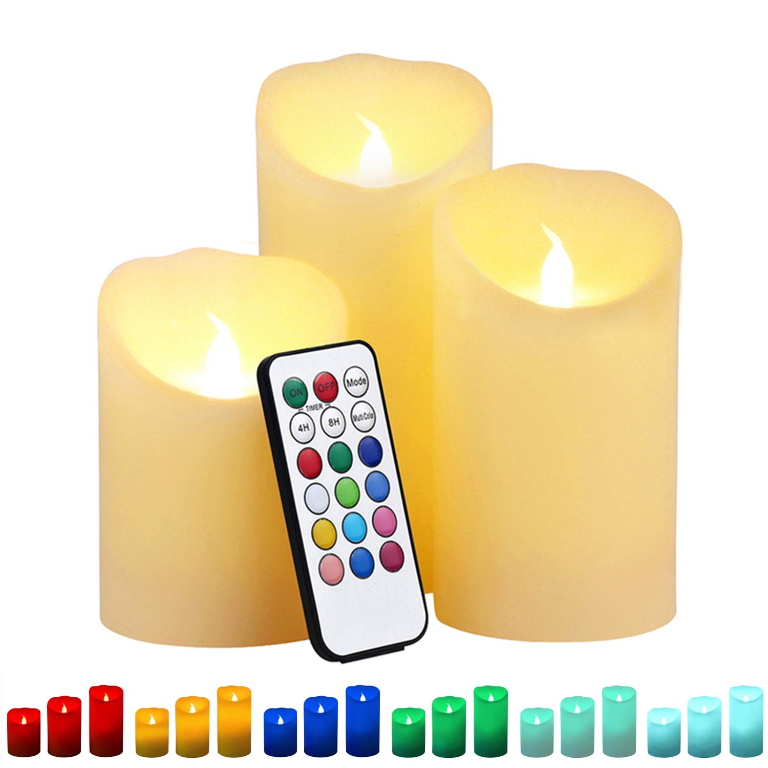 Dreamiracle LED Candle Lights, 12 Colours Changing Flameless Pillar Candles Realistic Wax Battery Operated with 18 Keys Remote Control & Timer, 4" 5" 6" Set of 3