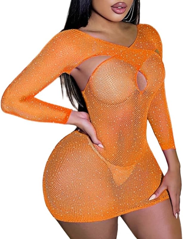 Womens Fishnet Lingerie For Women Sparkle Rhinestone Rave Outfits Fishnet Bodysuit Cut Out Romper Teddy Lingerie