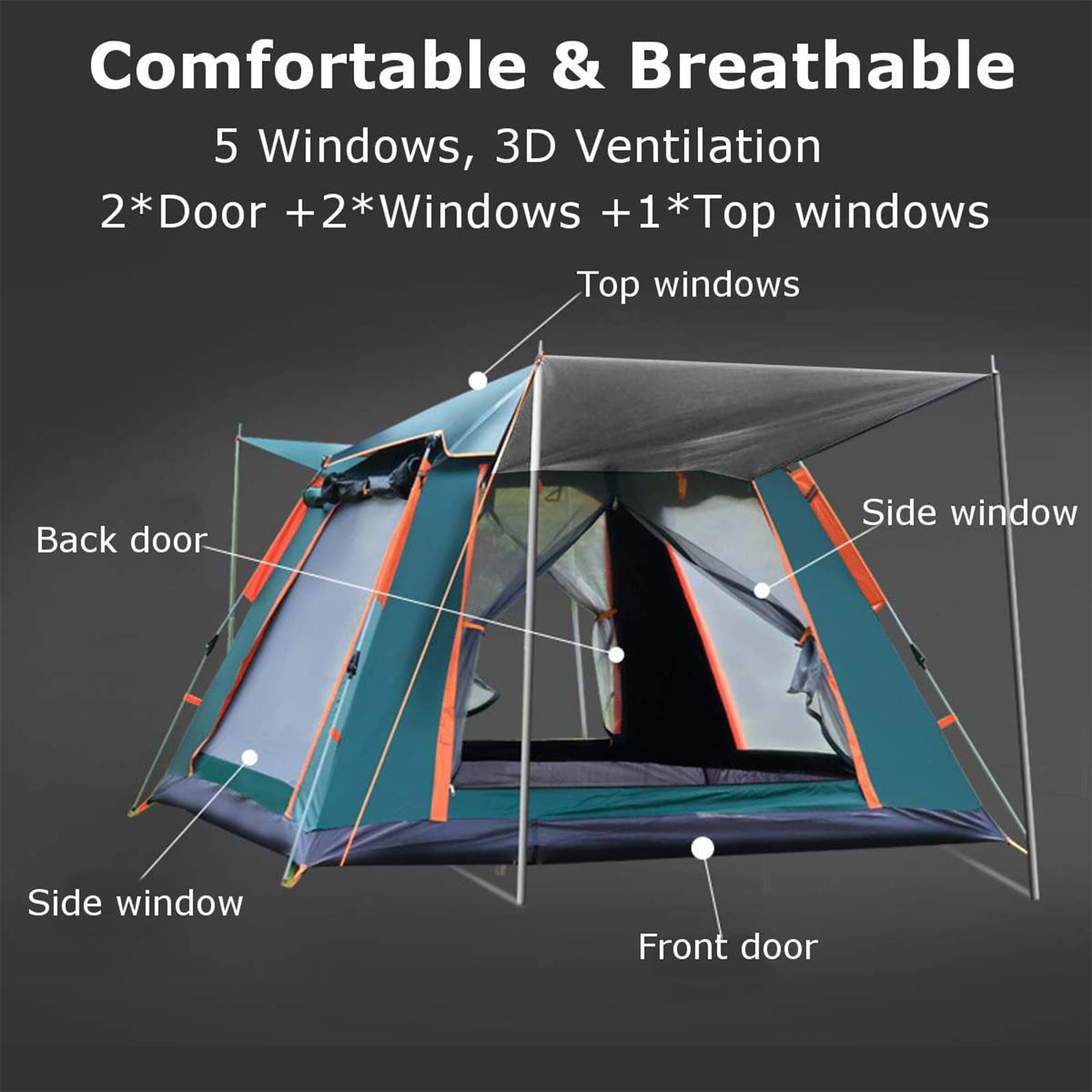 Automatisches Speed-Open-Zelt für 3–4 Personen, Familienkabinenzelte, 2 Türen und 2 Fenster mit Mesh, Wasserdichtes Outdoor-Campingzubehör