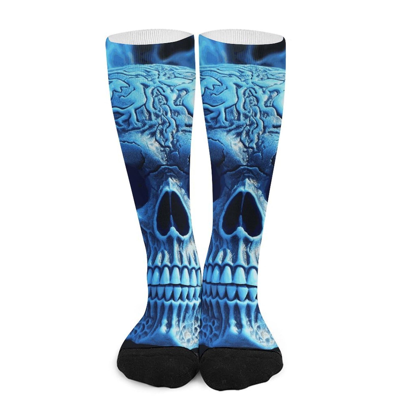 asbwuo 3D Print Blue Skull Knee High Socks for Women/Men, Breathable Comfort Calf Tube Socks, Printed Casual Sports Sock