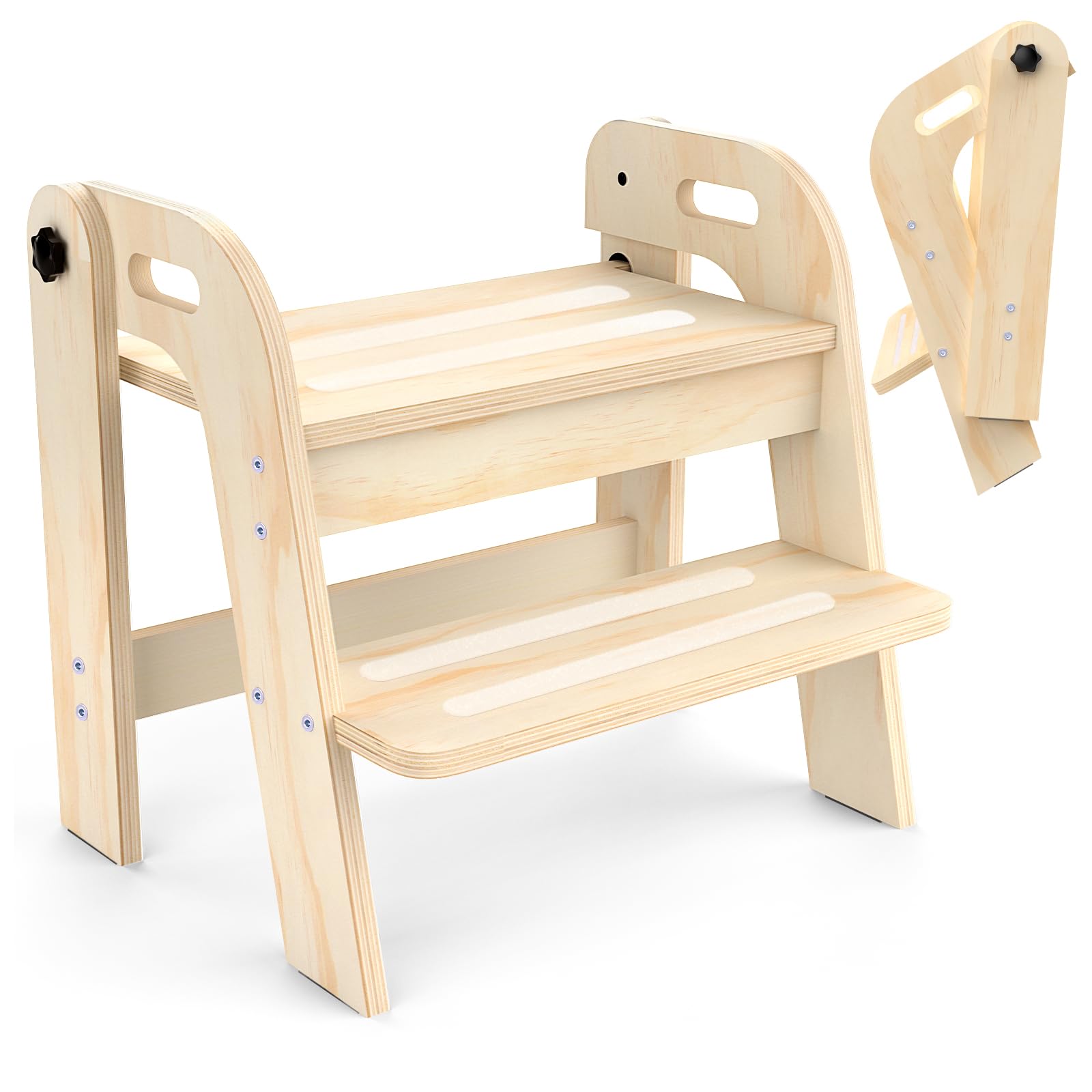 Wooden Toddler Step Stool, Foldable 2-Step Stool for Kids Bathroom Sink, Toilet Potty Training with Handles, Anti-Slip for Kitchen, Nursery, Bedroom(16.9 Wide)