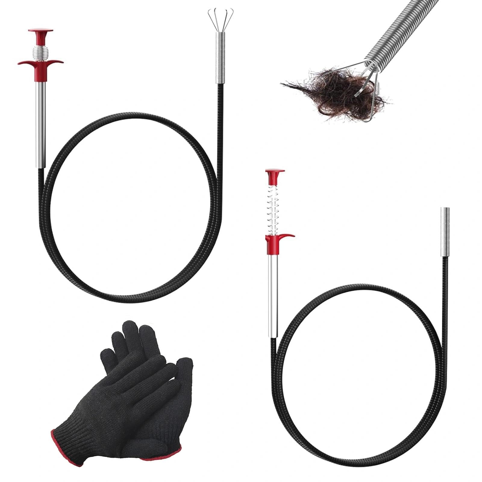 2 Pack Flexible Drain Unblocker and Gloves,90/200cm Retractable Drain Snake Grabber Plumbing Snakes Toilet Snake for Hair Debris Removal in Sinks