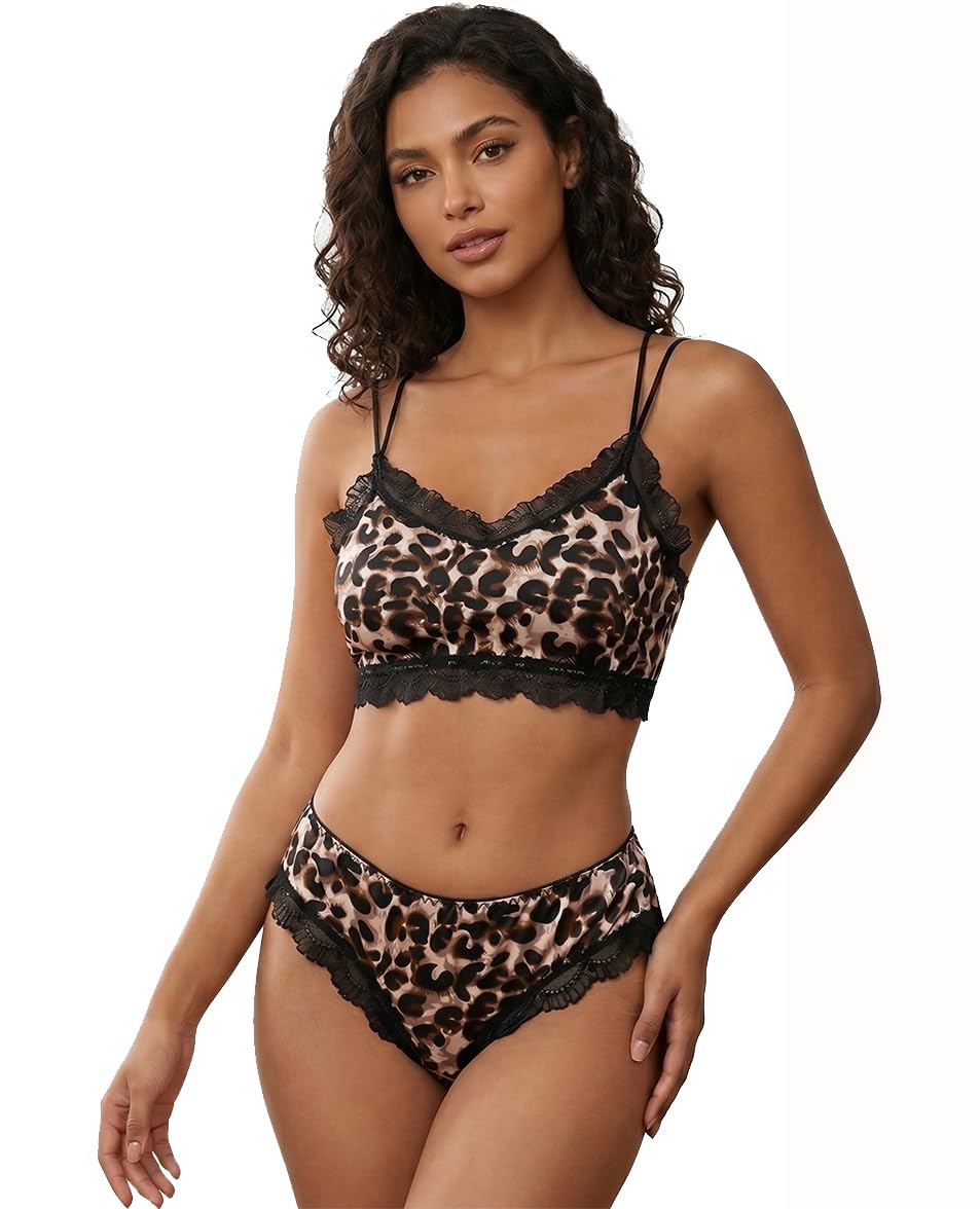 Women's Leopard Print Lingerie Set, Bralette and Panty with Black Lace Trim-image-43
