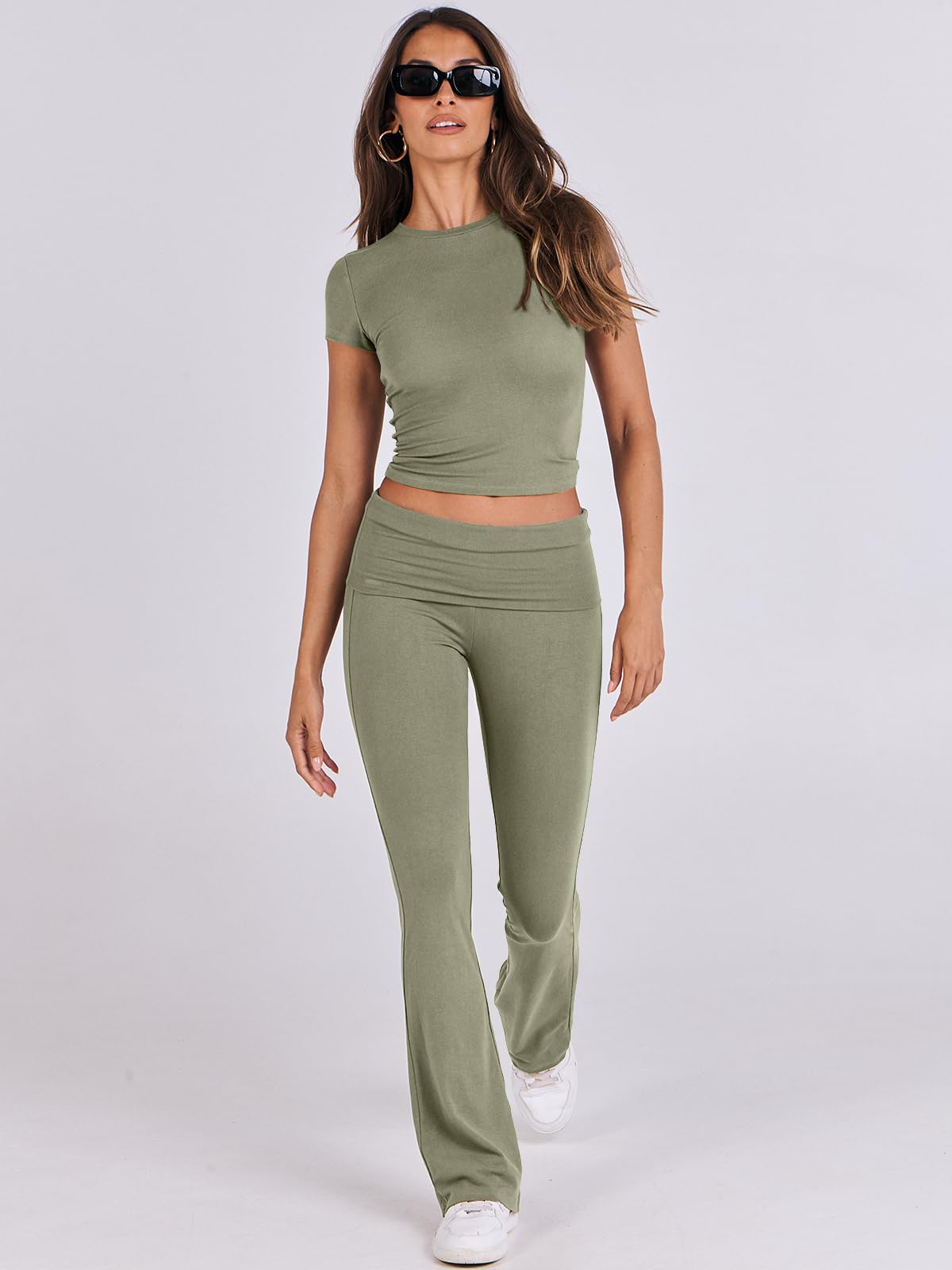 ANRABESS Lounge Sets for Women 2 Piece Foldover Yoga Flare Leggings Pants Crop Tops Casual Y2K Outfits Matching Tracksuit Set: Large Olive