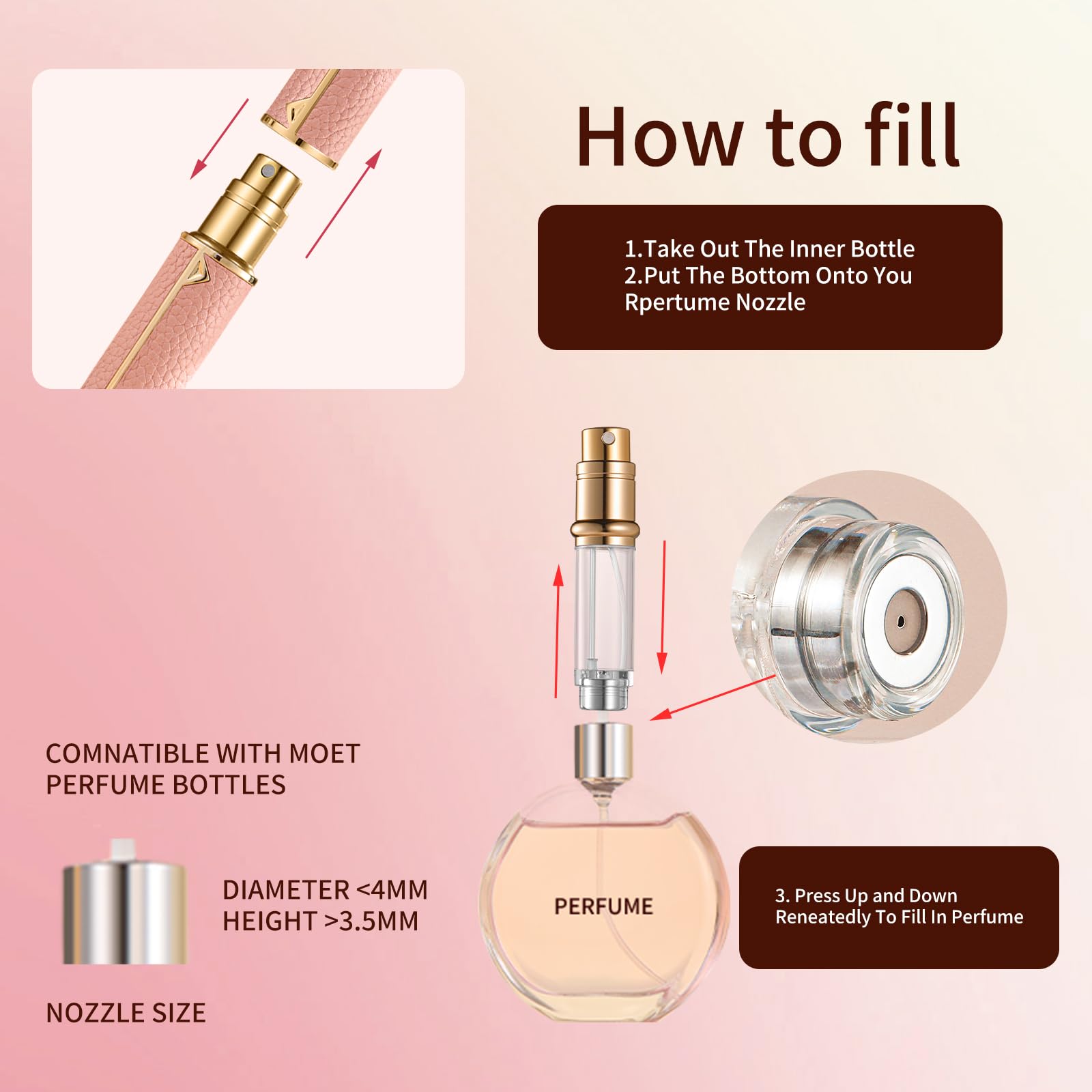 5 ml rozpylacz perfum podróżny do wielokrotnego napełniania, 2 szt., butelka na perfumy z dolnym napełnianiem, mini dozownik wody kolońskiej, lekki przenośny rozpylacz (biało-różowy)