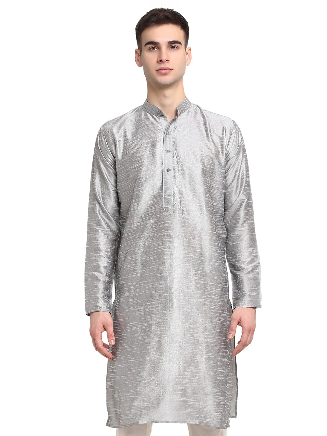 Jompers Men's Dupion Silk Solid Kurta (Silver, Small)