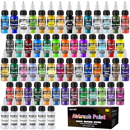 HOMY ARTY Airbrush-Farbe – 54 Farben mit 6 dünneren Airbrushfarben auf Wasserbasis, Sprühfertig, Acryl-Luftbürstenfarben für Metall, Kunststoff-Modelle, Leinwand, Holz, 20 ml/Flasche