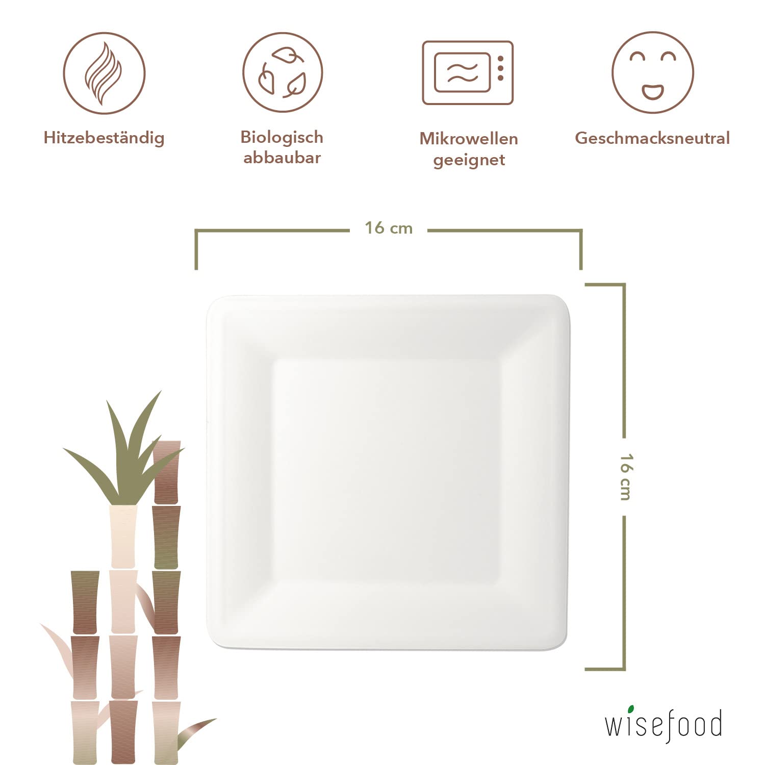 Wisefood Platos de caña de azúcar, 250 unidades, platos desechables cuadrados de 16 cm, ideales como platos de fiesta o platos llanos, vajilla de caña de azúcar biodegradable sin PLA/PE