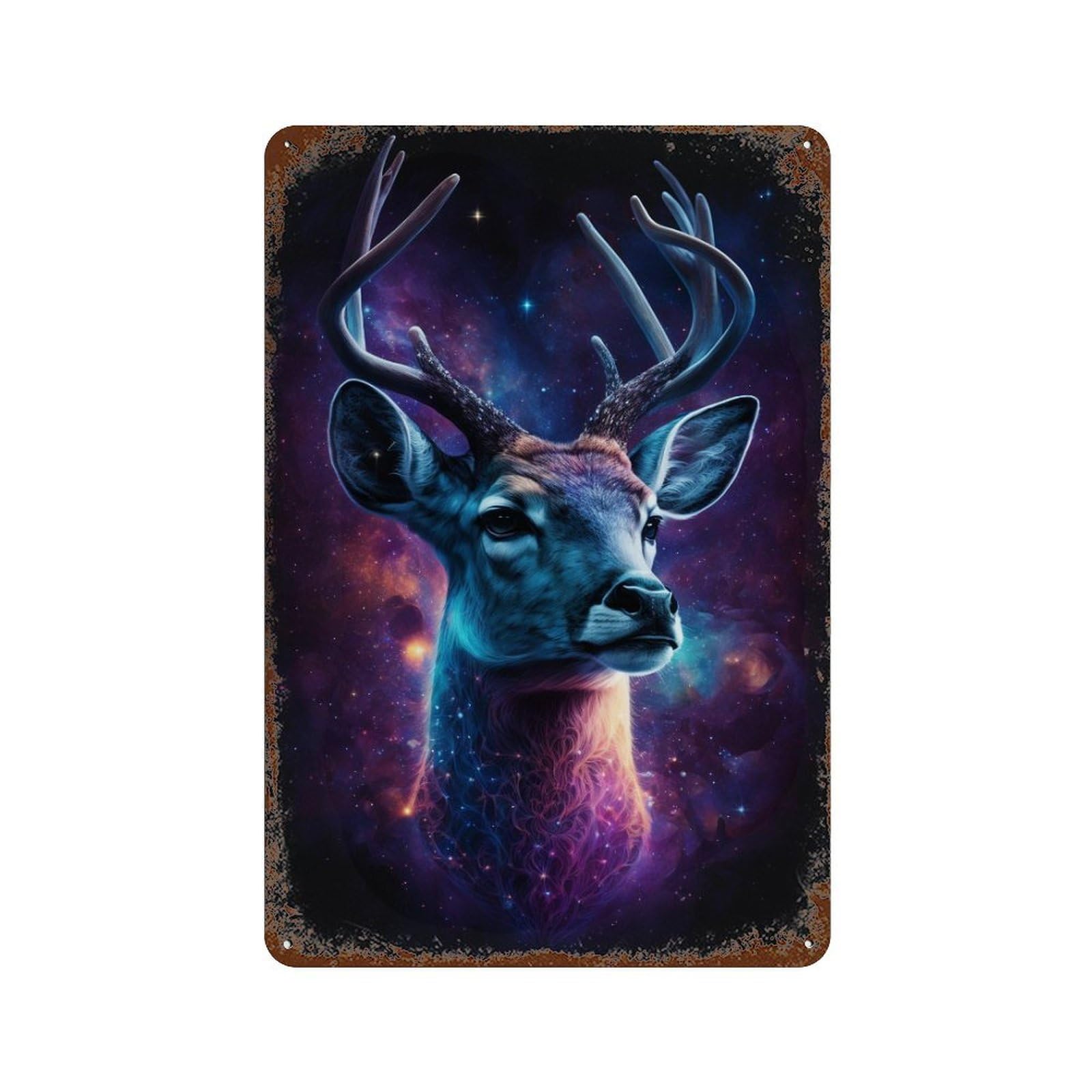 Rust Effect Galactic Deer Portrait Rustic Tin Plaque 11.8"x7.9", Classic Wall Plaque for Shed, Workshop And Garage Wall Decor