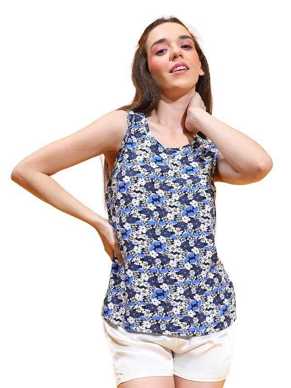 Women Blue Color Floral Print Round Neck Sleeveless Nightwear Top