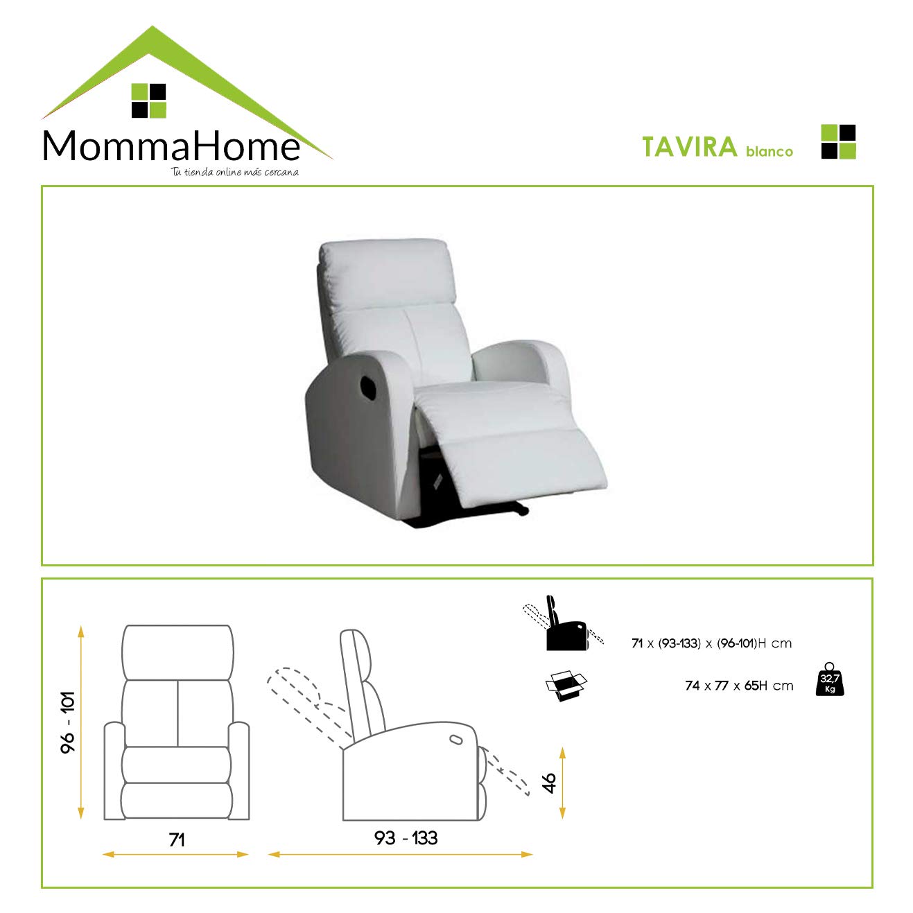 MOMMA HOME - Poltrona Relax Reclinabile - Modello Tavira - Bianco - 71 x 93 x 102 cm - Rivestimento in Ecopelle Imbottito - Struttura Metallica - Leva Manuale