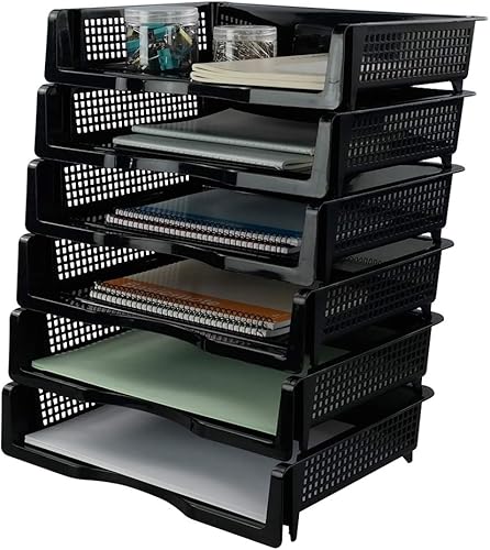 Bandeja de almacenamiento de papel apilable de plástico, bandeja apilable de oficina, negro, paquete de 6