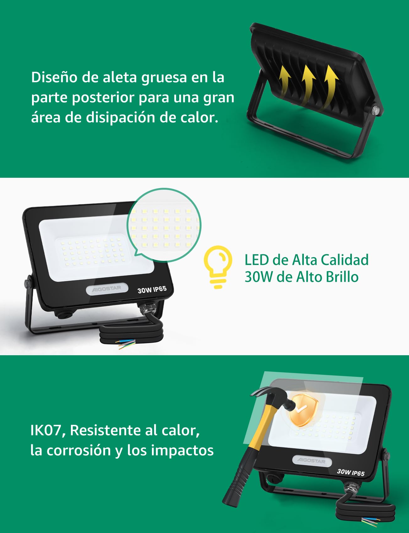 Aigostar Reflektor zewnętrzny LED 30 W 2450 lm, wodoodporny IP65, 6500 K, zimna biel, do garażu, ogrodu, patio i parku, 2 pcs