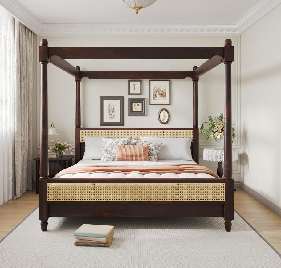 VISHWAKARMA DECOR Sheesham Wood Poster Bed King Size | Solid Wood Poster Bed Cot Wooden Double Bed Furniture for Bedroom Home and Hotel | Wooden Palang Divan (Walnut Finish)