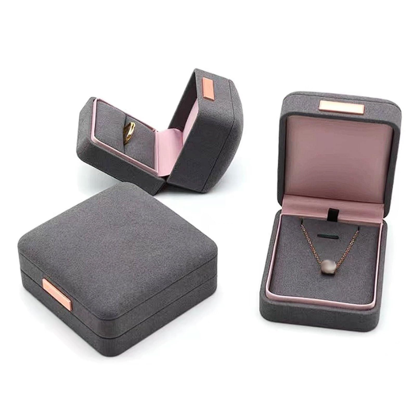 Joyero gris y rosa, organizador de terciopelo y satén de 4 o 1 pieza for propuestas de boda, anillos, collares y pulseras. Embalaje para regalo