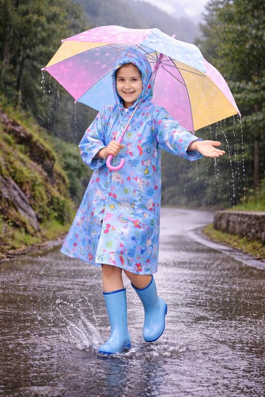 Image of Kids Waterproof PVC Raincoat with Hood & Sleeves | Lightweight, Portable Rain Wear for Boys & Girls | Button Closure with Storage Bag