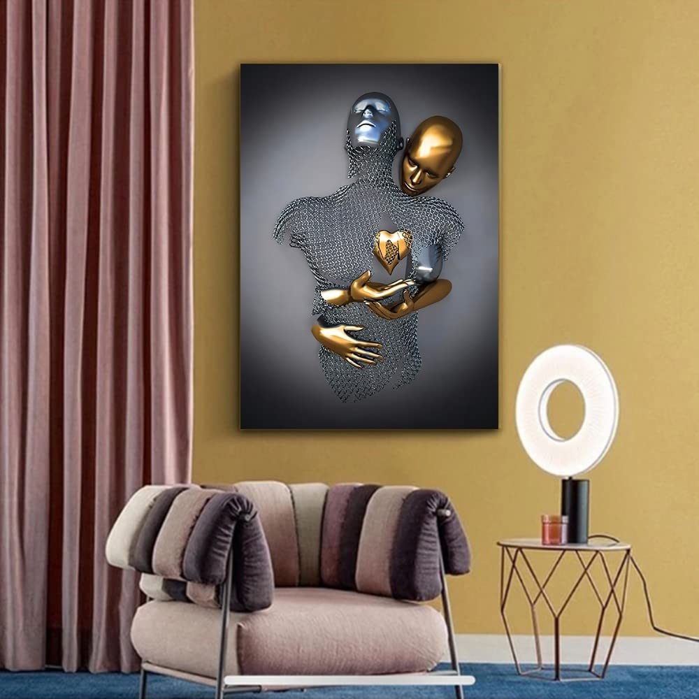 chongjian Liebe Herz 3D Grau Leinwand Wandkunst Moderne Gemälde 3d Abstrakt Umarmung Wanddekoration Schwarz und Weiß Metallfigur Skulptur Effekt Bild Wohnzimmer Dekoration (Gold Mit Rahmen, 16x24in)