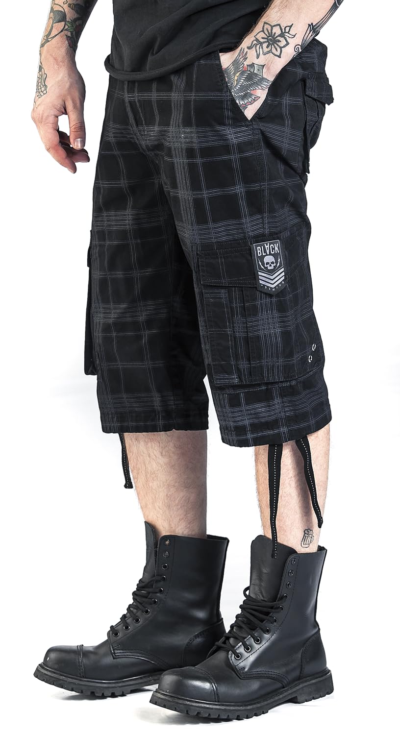 Black Premium by EMP Hombre Pantalón Corto Negro con Estampado de Cuadros