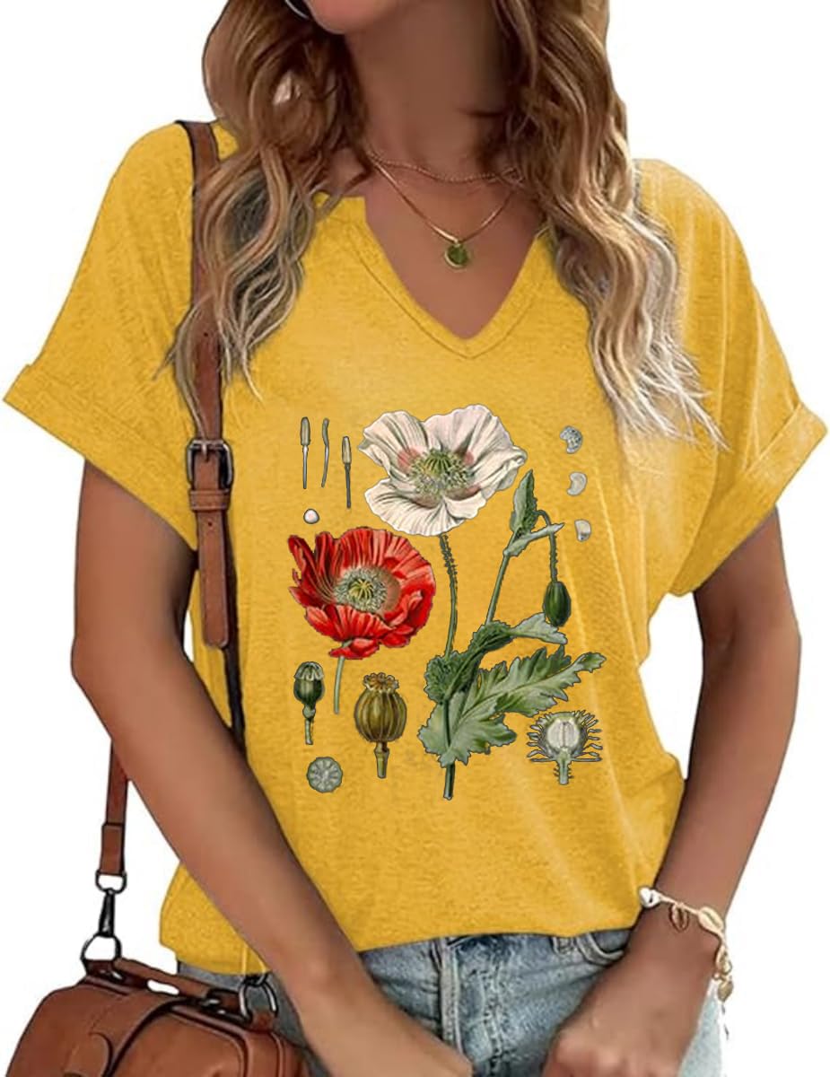PUCKOLITY Vintage Flowers V Neck Shirt for Women Boho Floral Wildflowers Graphic Tee Casual Cottagecore Summer T Shirt