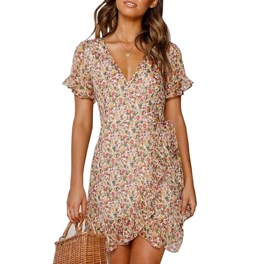 CheChury Mujeres Casual Verano Vestidos 2024 Moda Gasa Cuello en V Magas Cortas Estampado Floral Vacaciones Vestido Elegante Bohemio Vestido de Playa