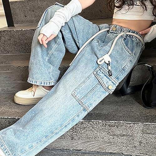 Wide Leg Cargo Pants Baggy 𝐃rawstring 𝐘2K Elastic Waist Jean Girls Straight Leg Denim Streetwear with Multi Poket2