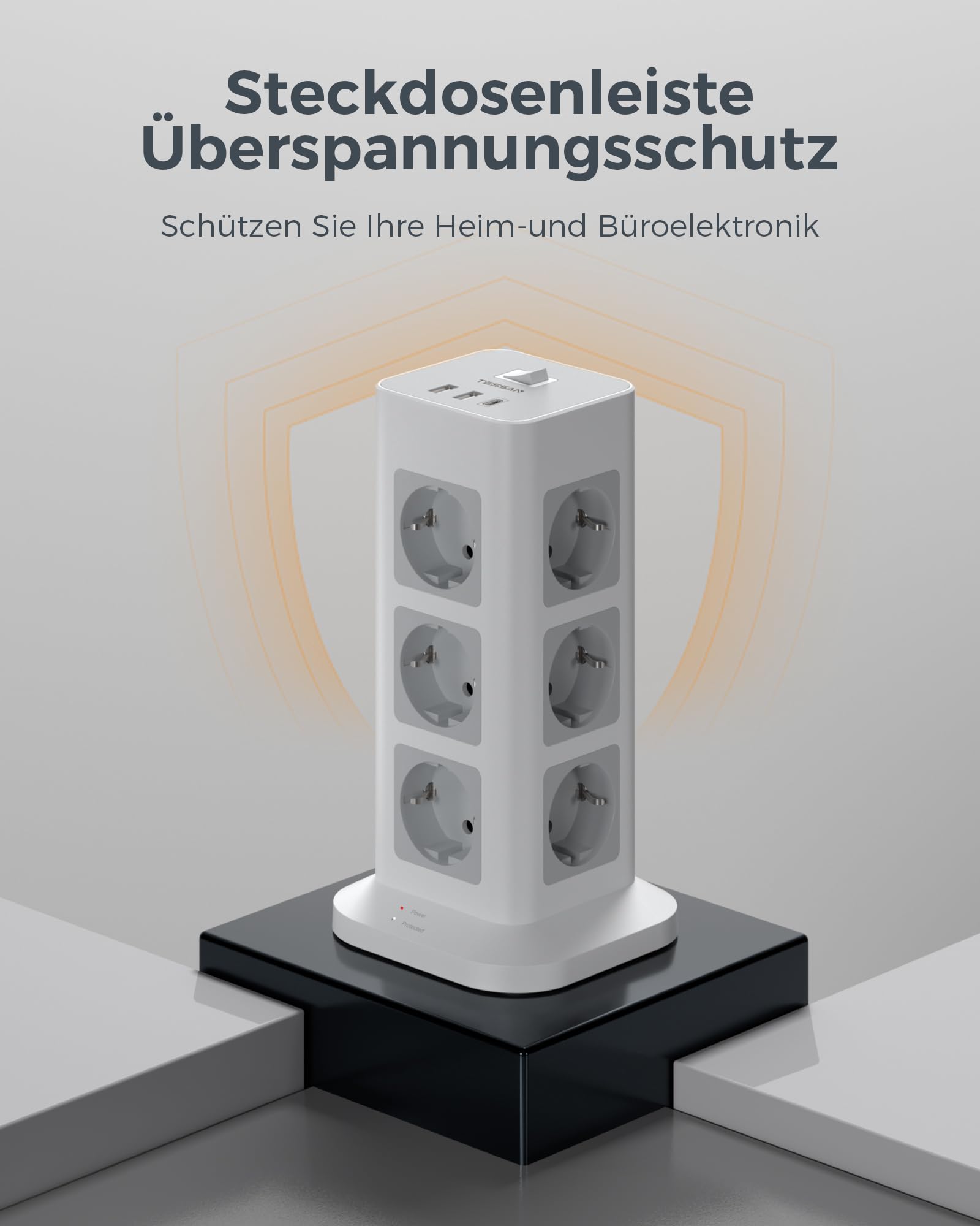 TESSAN Mehrfachsteckdose mit USB C, 12 Fach, Verlängerungskabel 10 Meter | 1 USB C und 2 USB A, Steckerleiste Überspannungsschutz, Verlängerungskabel 10M, 3600W Verteilersteckdose für Zuhause, Grau