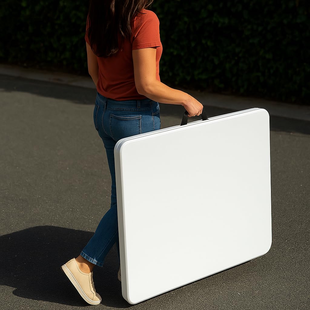 PALUPLUS Tavolo Pieghevole Rettangolare da Catering, Misura 180x71x74 cm, colore Bianco, Tavolo a Valigetta in Resina e Metallo, con maniglia, ideale per giardino, fiera, pic nic, campeggio -344F