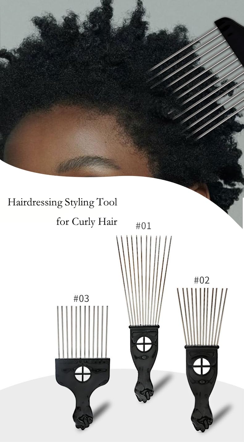 Afro-Pick-Kämme aus schwarzem Metall für lockiges Haar – Entwirren und Stylen Kamm für Damen und Herren, langlebiger Kunststoff und Metall, Faust-Design für Haarstyling, perfekt für Perücken (3