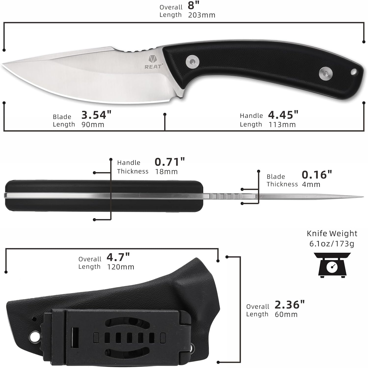 REAT Fixed Blade Knife with Kydex Sheath, 3.5" D2 Steel Blade with Full Tang Design,Ergonomic G10 Handle,EDC Sharp Hunting Knife for Camping,Survival,Bushcraft,Hiking,Gifts for Men,Women