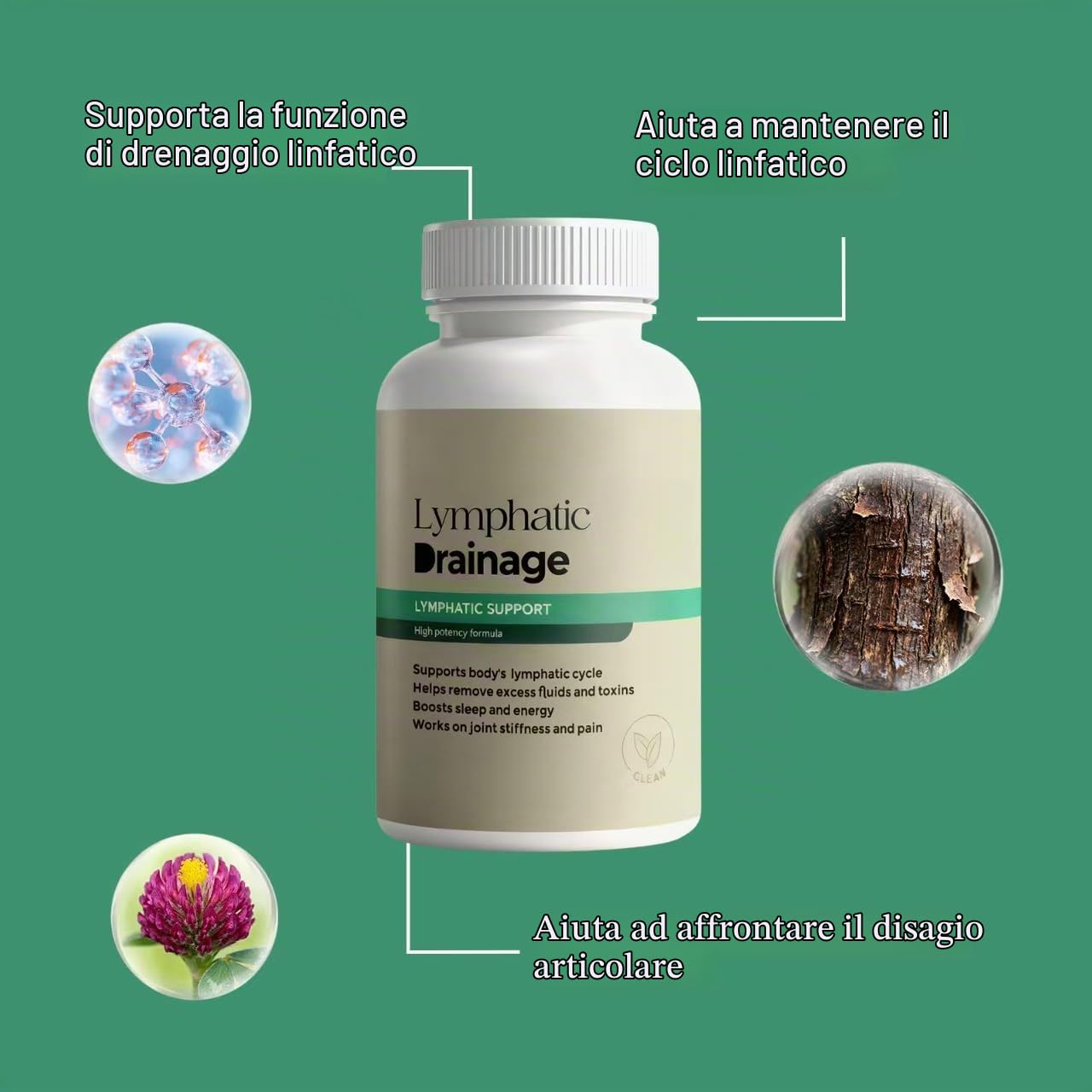 Drenaggio linfatico – Supporta il gonfiore, l'equilibrio dei liquidi e la salute linfatica quotidiana – Vegano