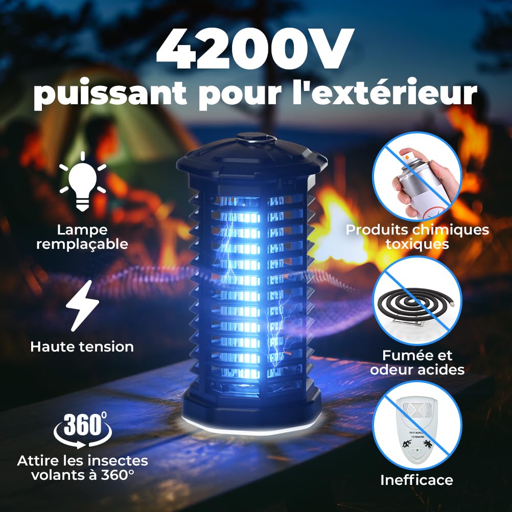 YISSVIC Lampe Anti Moustique 4200V Appareil Anti Mouche 15W Tueur Mouche Electrique IPX4 avec Éclairage LED Lutte Contre Moustiques Mouches et Autres Insectes Volants pour Interieur et Extérieur