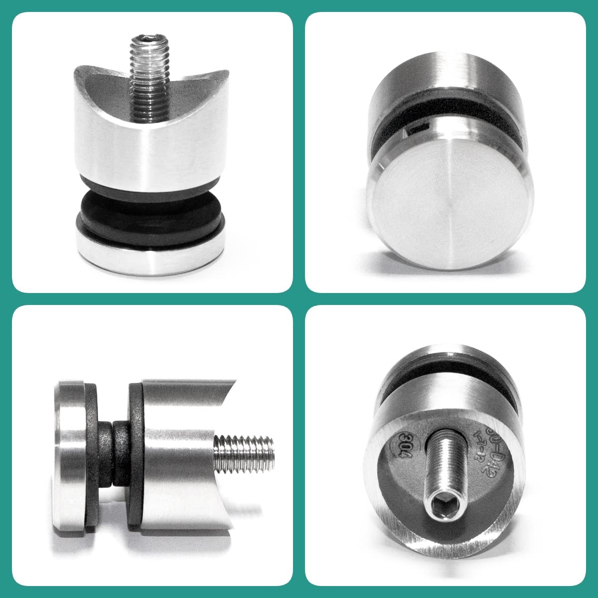 PRIOstahl Glaspunkthalter Punkthalter Glashalter x 8 Halter mit M8 Schraube + Gummieinlagen für Glas 6mm bis 12,76mm Anschluss Ø 42,4mm für Glasscheiben Plexiglas Balkon Geländer aus Edelstahl V2A