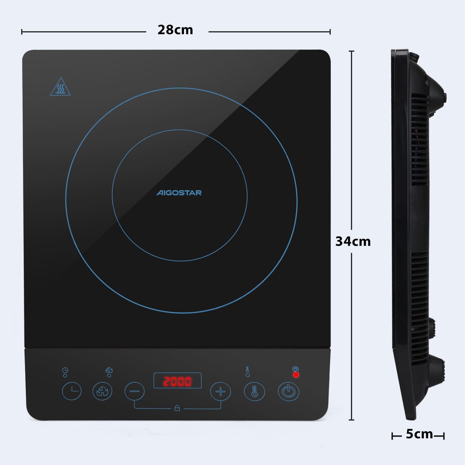 Aigostar Przenośna Płyta Indukcyjna 2000W | Superpłaska + 10 Poziomów (60-240°C) | Timer 180 Min | Dotykowy Wyświetlacz LED | Blokada Dzieci i Zabezpieczenie przed Przegrzaniem