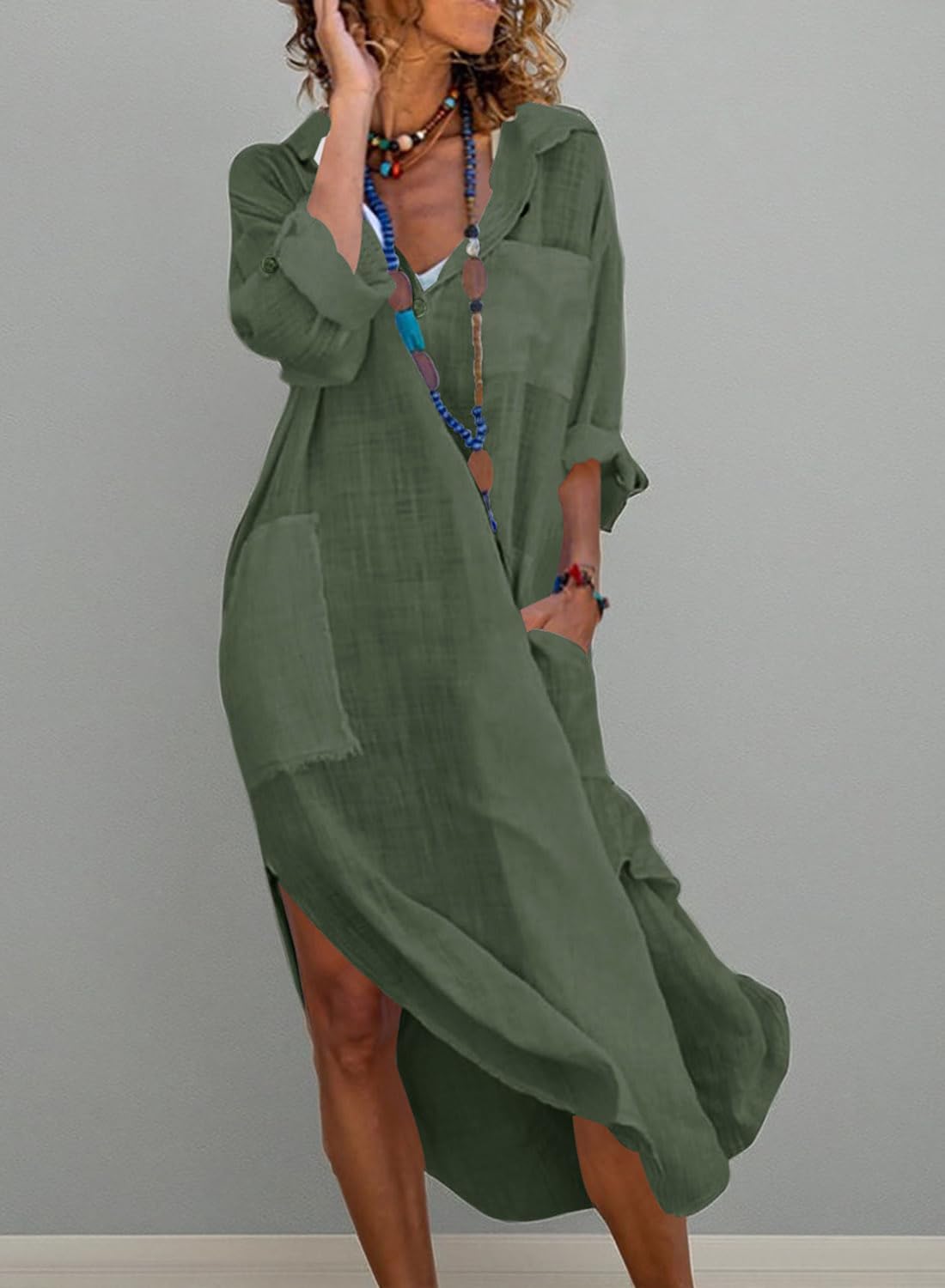 utcoco Vestido camisero largo de mujer, informal, holgado, de algodón y lino, con solapa abotonada, mangas con puños, abertura lateral y bolsillos