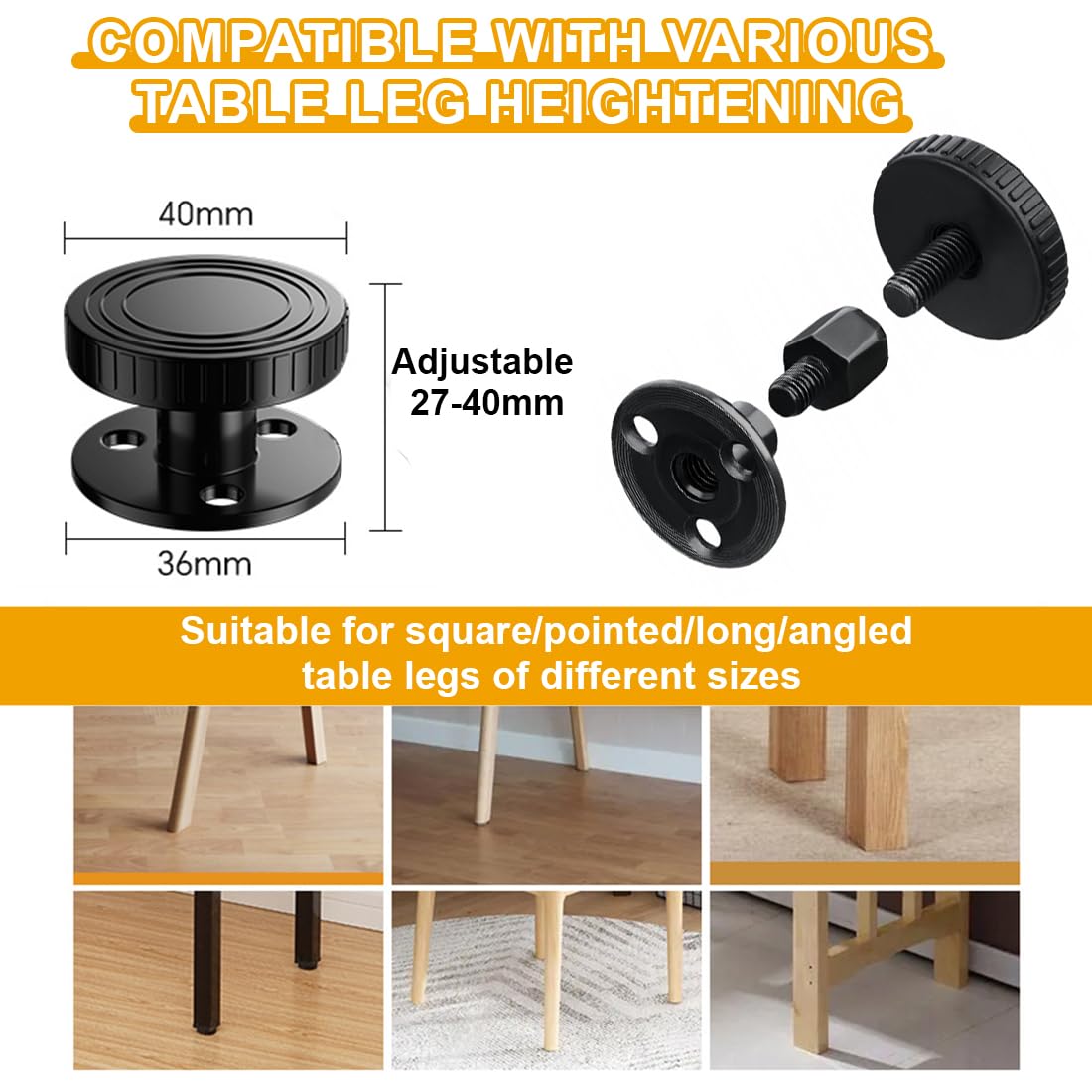 Set di 4 piedini per mobili 27-40 mm, piedini regolabili in altezza con adesivo 3M e cuscinetti in schiuma per tavoli, letti, ecc.