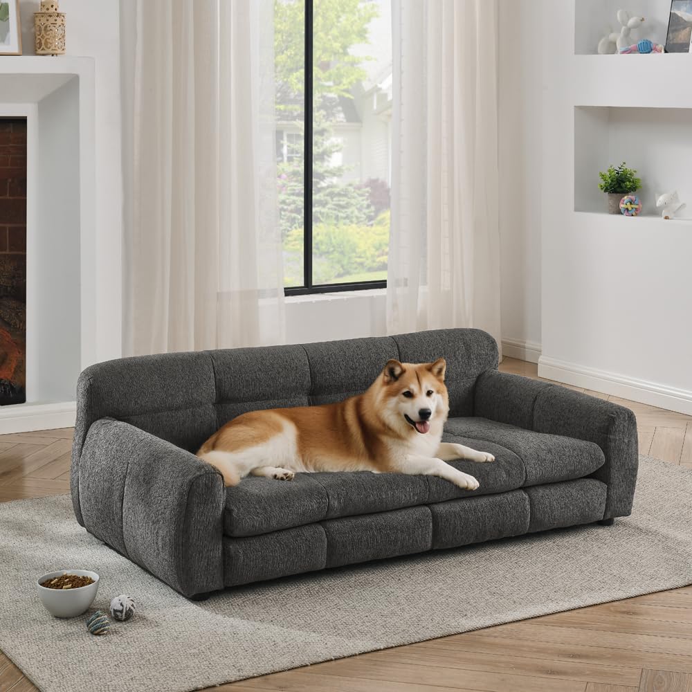 51" Dog Sofa Couch Bed for Small, Medium, Large Dogs, Soft Memory Foam Pet Sofa with Durable Linen Fabric, Comfortable Pet Couch with Backrest and Armrests, Easy to Clean and Maintain（Dark Grey）