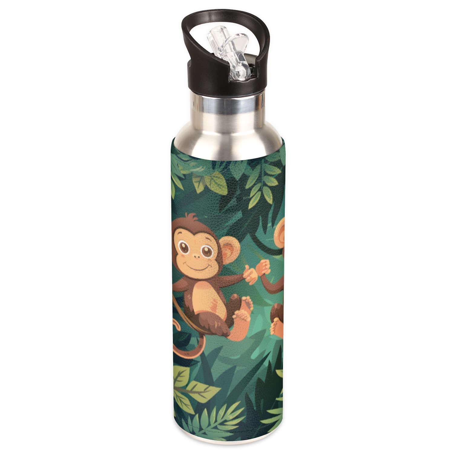 Forest Cartoon Monkey Insulated Water Bottle with Straw Lid Double Wall Vacuum BPA Free Leakproof Water Flask 20oz Stainless Steel Metal Sports Water Bottles for Daily Water Intake