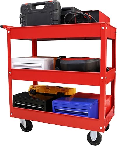 Miniatura 7 de Torin APTC302B - Carrito de servicio de 3 estantes, 400 libras, organizador de almacenamiento para garaje, almacén, taller, color rojo