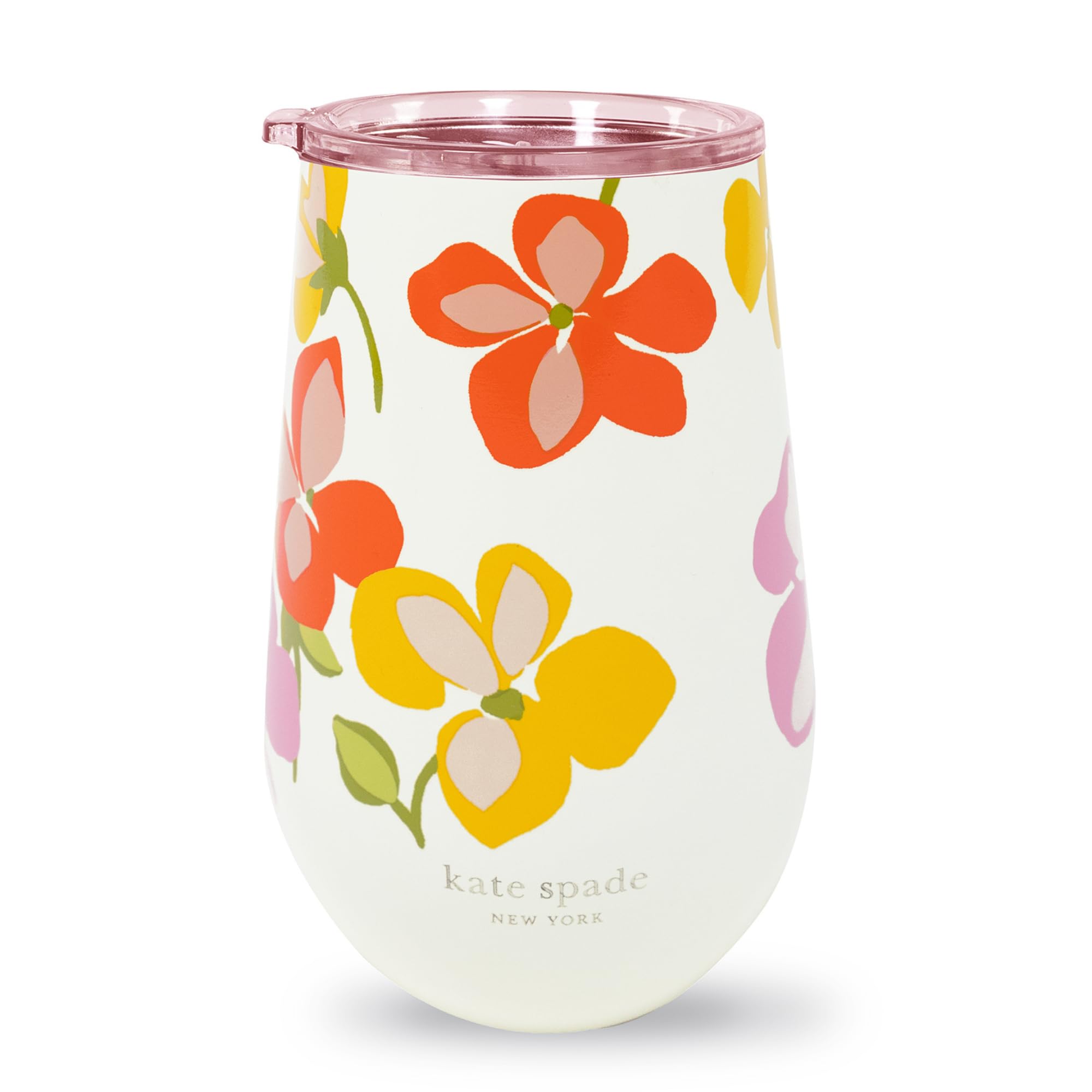 Kate Spade New York Spring Pansies Insulated Stainless Steel Wine Tumbler, 16 Ounce Double Wall Tumbler, Floral Stemless Travel Cup With Lid,