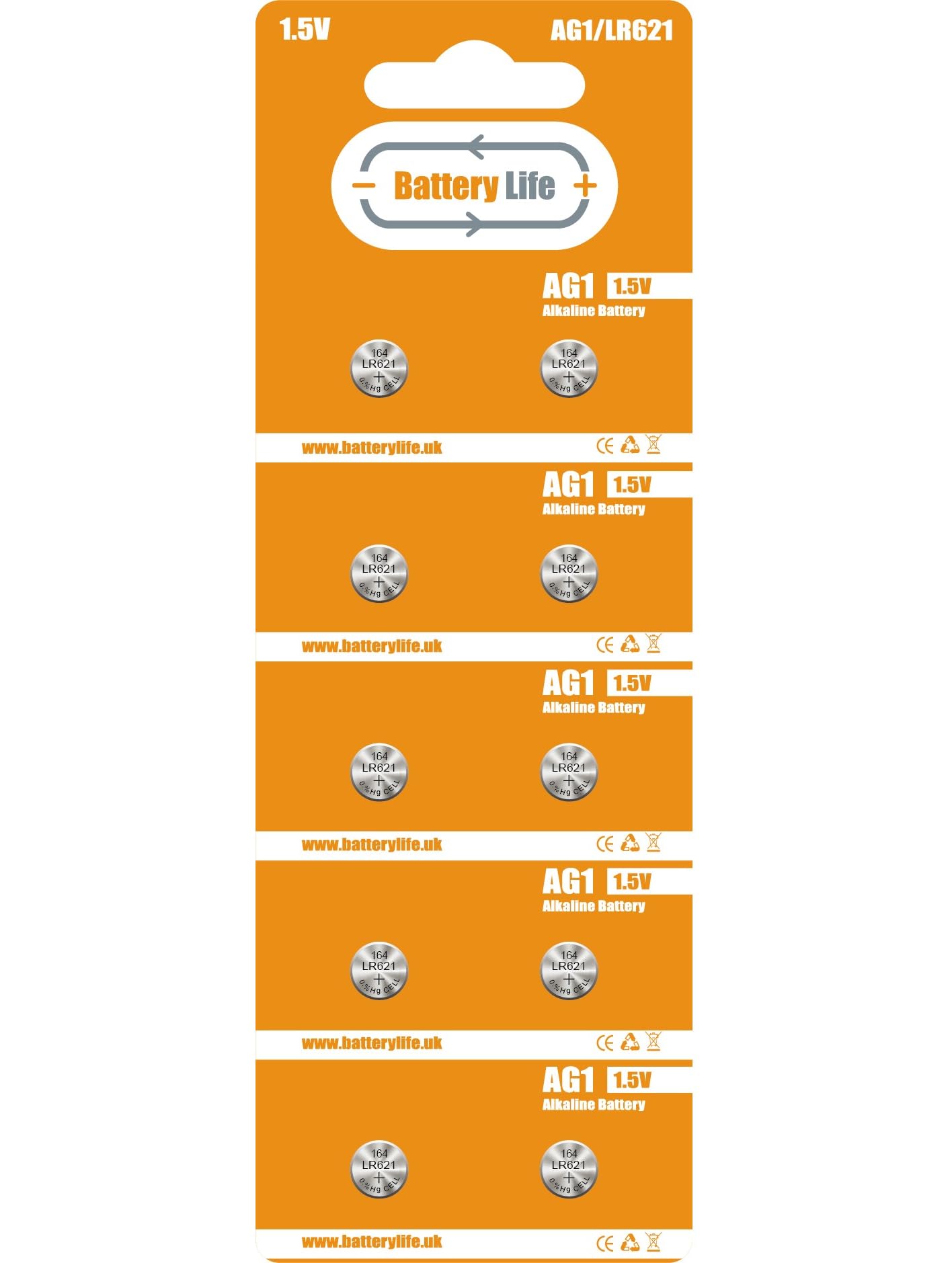 Battery Life AG1 LR621 Batteries (10 pack) 362 LR60 Button Coin Cell Alkaline 1.5v Long Life UK Brand