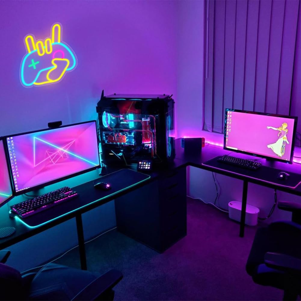 HOTUT Panneau Neon, Néon LED Lampe Enseignes Lumineuses Gamepad Neon, Néons combinant gestes et manettes de jeu, Lumineuse Neon Alimentée par USB Décoration Murale pour Salle de Jeu, Chambre,Bar