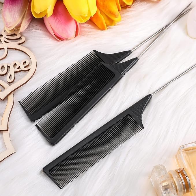Miniatura 6 de 3 paquetes de peine de cola de rata, pasador de acero, cola de rata, fibra resistente al calor, peines con cola de acero inoxidable (negro)