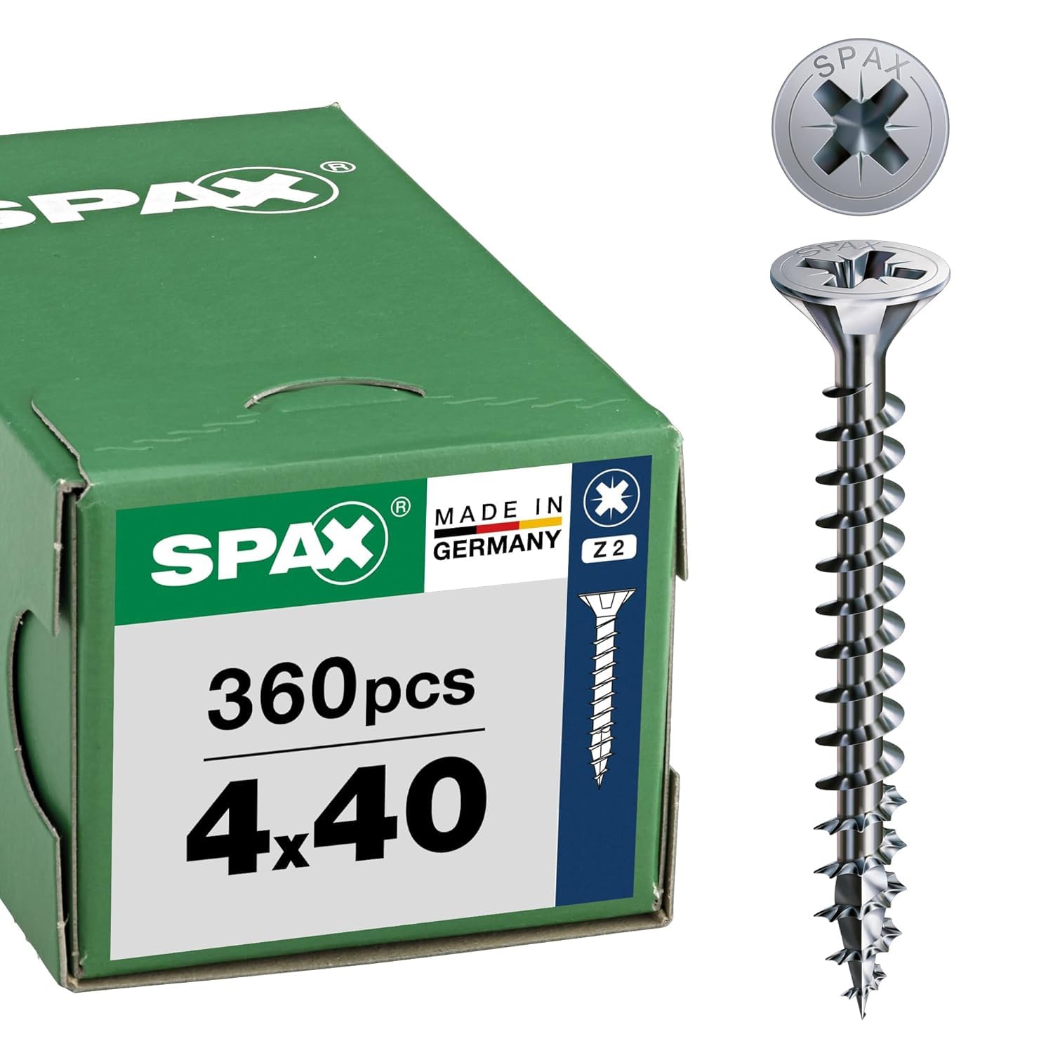 SPAX Universal Screws 4 x 40 mm, Pack of 360 - Countersunk Screws with WIROX Coating, Fully Thread, Phillips Z2, 4CUT Tip - Wood Screws 8000000277238