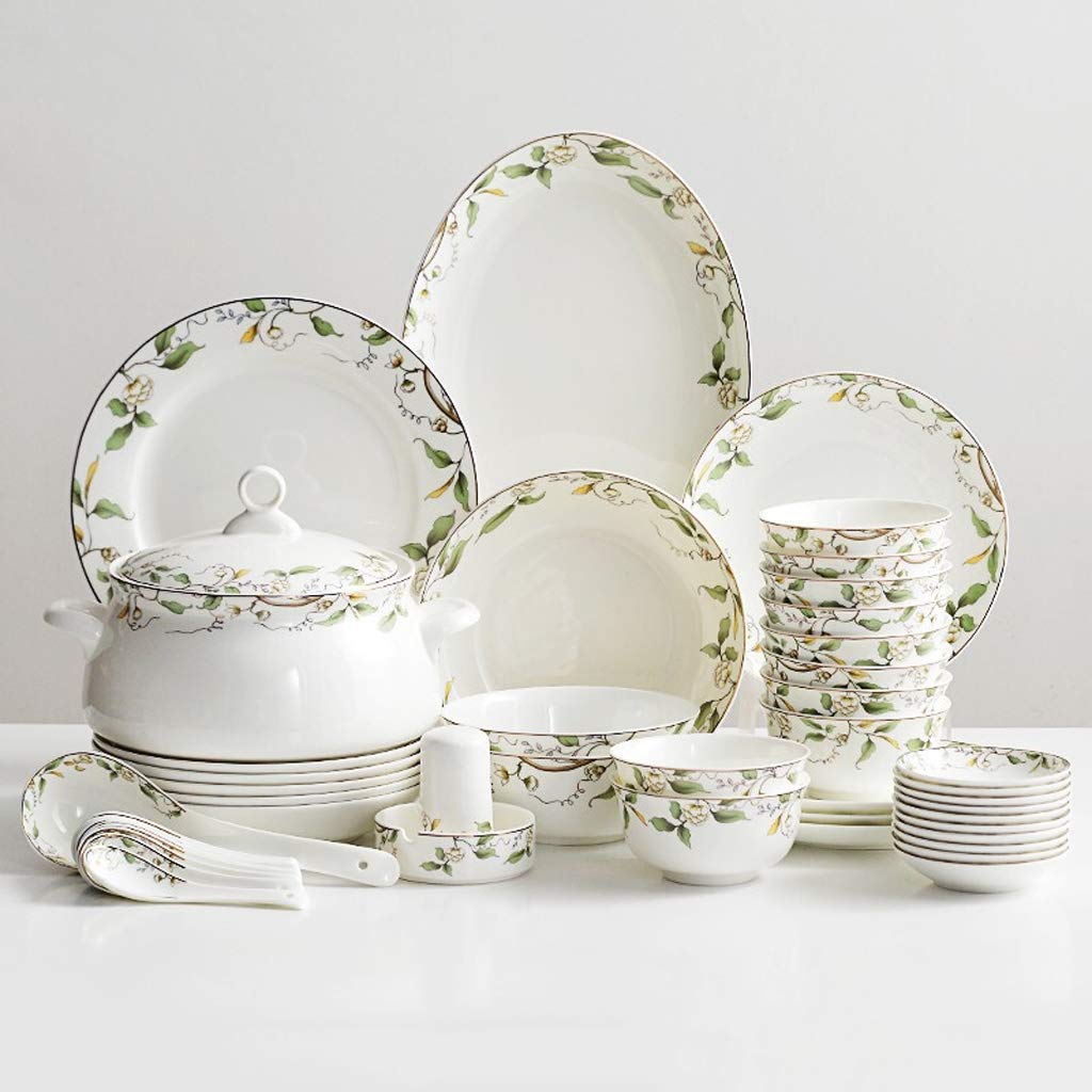 Zastawa stołowa, 46-częściowy zestaw naczyń z kamionki, wysokiej jakości talerze i miski – Porcelana kostna, na spotkania rodzinne i wesela