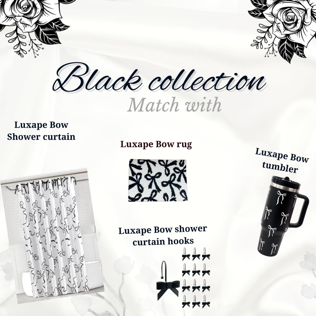 Rideau de douche Coquette fabriqué à la main avec nœud papillon pour salle de bain principale, rideau de salle de bain froncé en microfibre avec 12 boutonnières, 183 x 182,9 cm (l x H) (noir