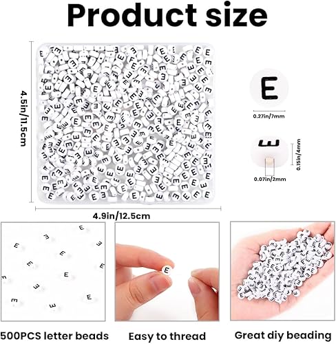 Miniatura 2 de Vellibring 500 cuentas de letras, pequeñas cuentas de plástico blanco y negro, cuentas redondas del alfabeto, cuentas E para joyería, pulseras,